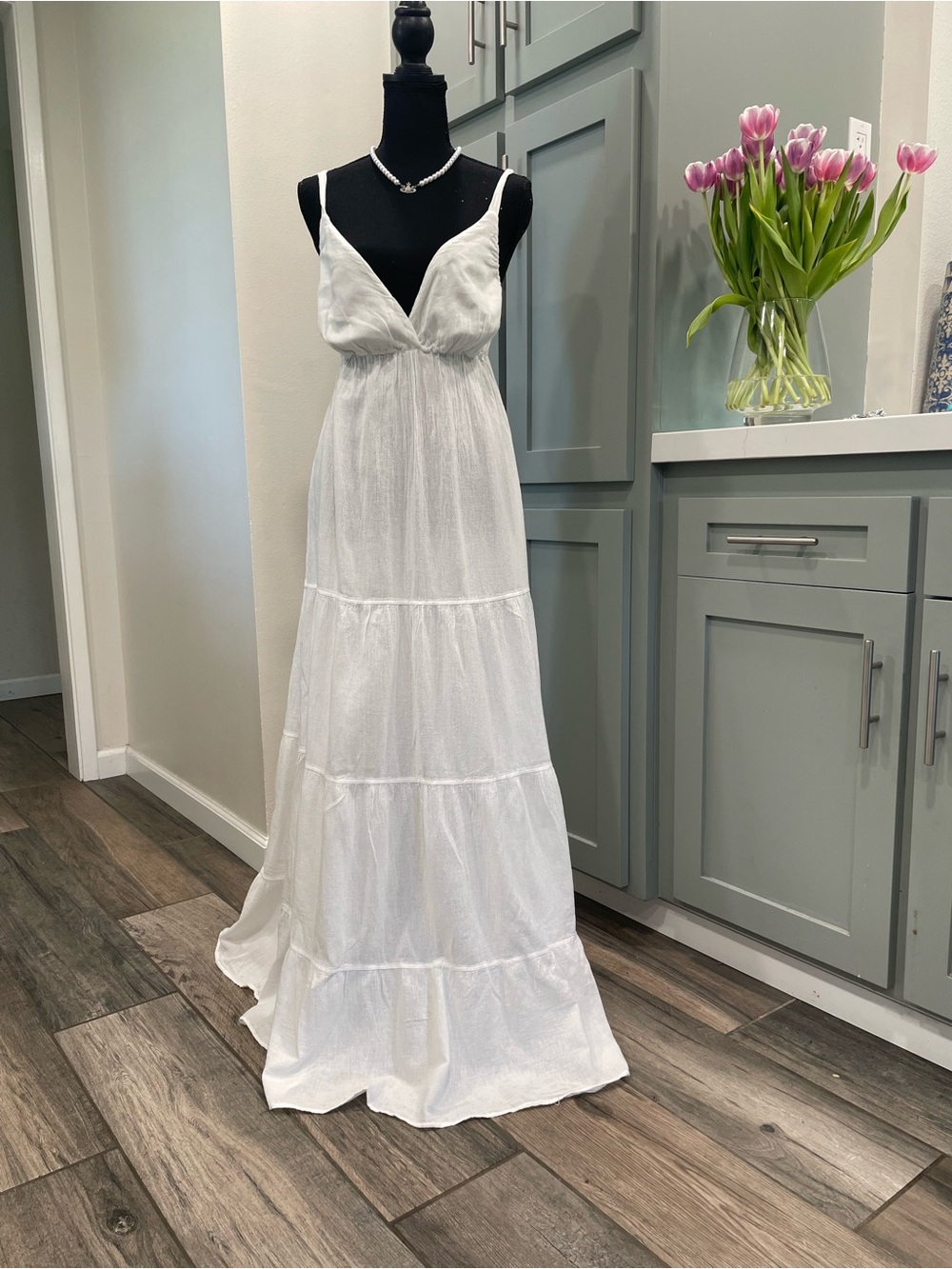 White V-Neck Tiered Spaghetti-Strap Maxi Dress